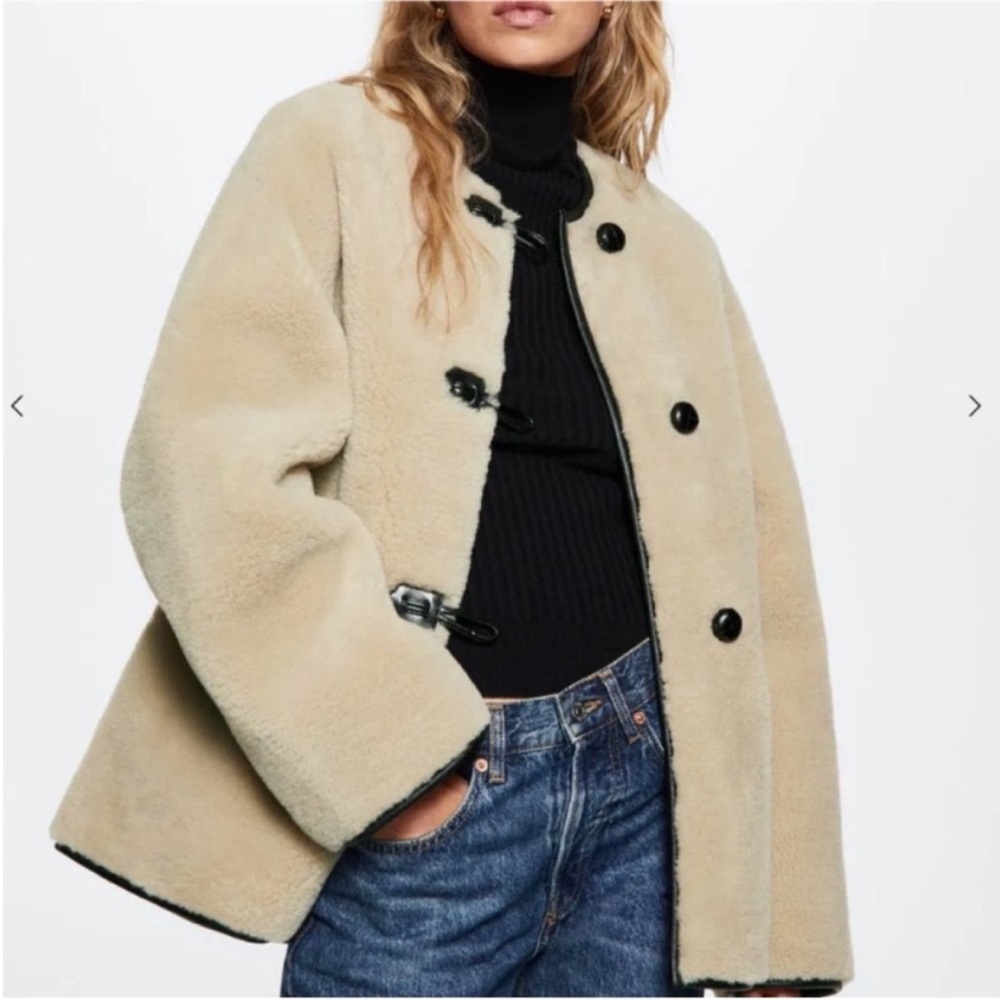 Mango Faux Shearling Chic Cream Coat with Black Accents, New with Tags - Picture 3 of 7